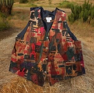 JMP Vintage Leather Western Style Vest Ladies 3XL Tribal Southwestern Geometric